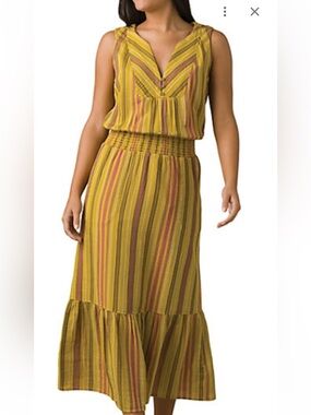 PrAna California Dreaming Lightweight Maxi Dress Drop Waist Stripe Womens Medium